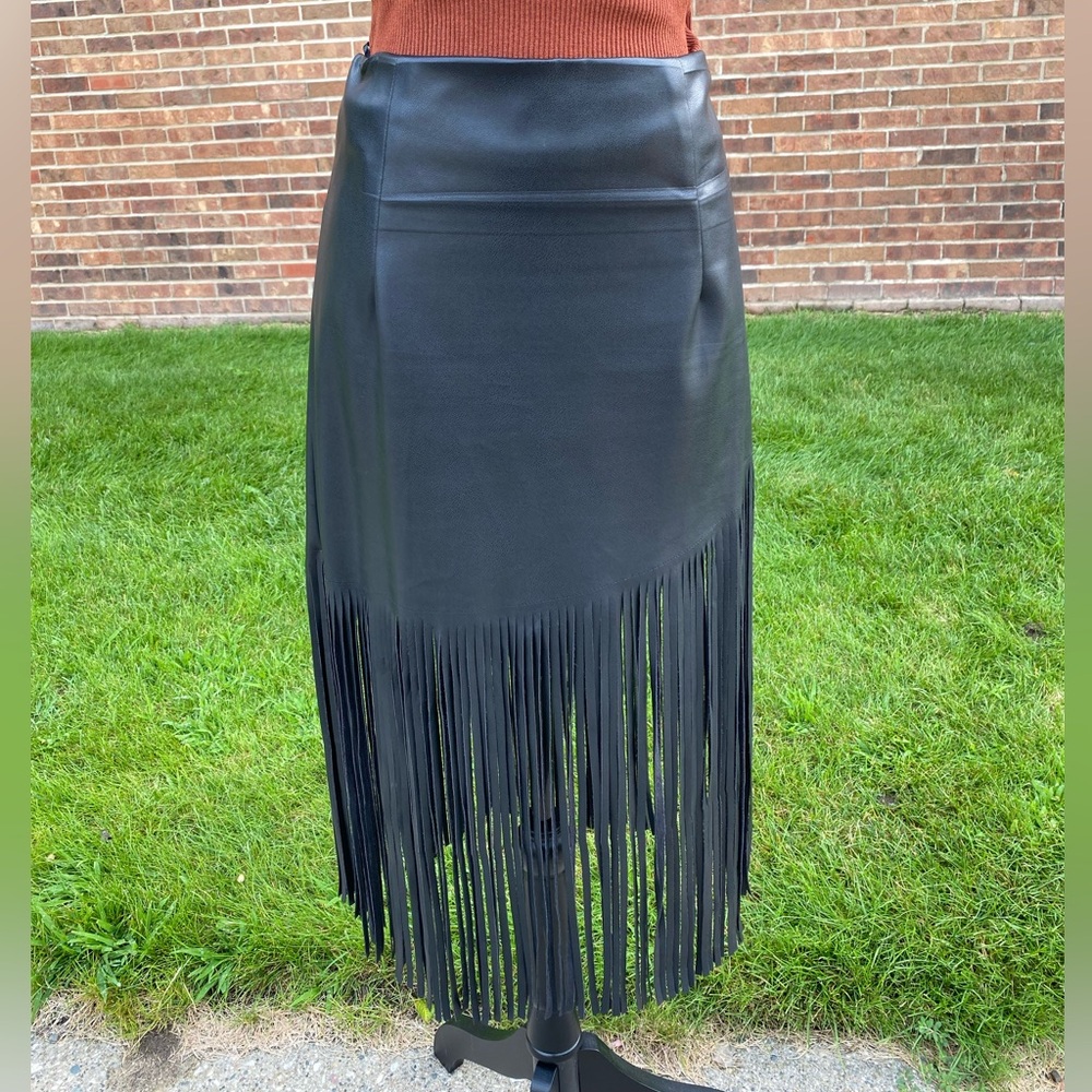 Black Faux Leather Fringe Midi Skirt